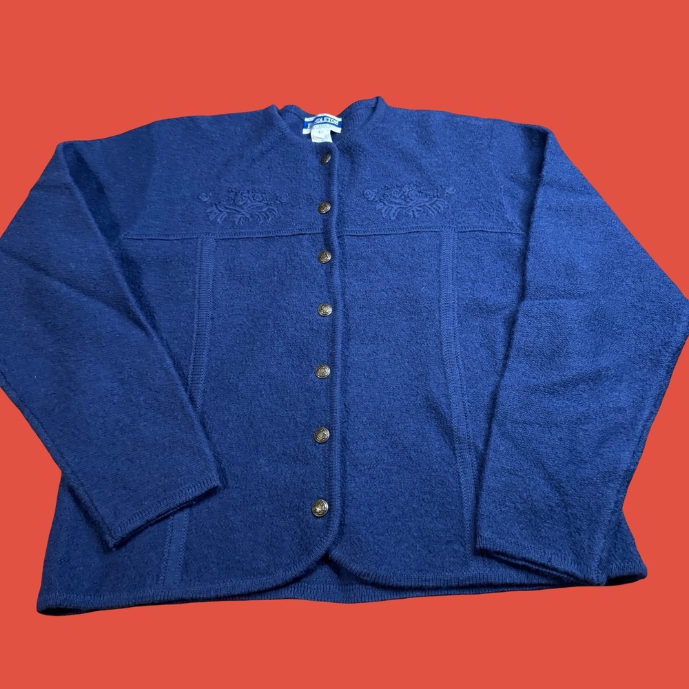 Vintage Pendleton Womens L Wool Cardigan Sweater Blue Embroidered Button Front